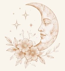 Ilustración decorativa de luna creciente con flores